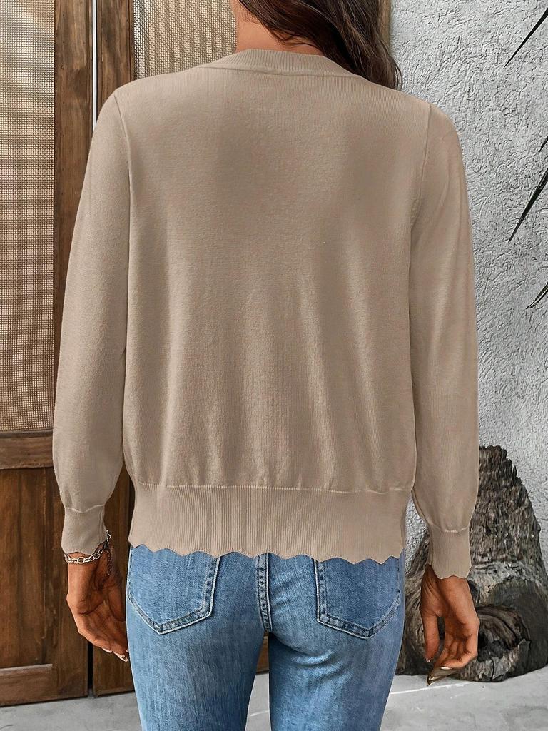 French Scallop Edge V-neck Knit Cardigan Women's Long Sleeve Short Pure Color Top