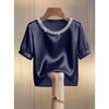 Damen Rundhals Perlenbestickt Puff Kurzarm Einfarbig Satin Lockerer Schnitt Elegant Büro Freizeit Bluse Top