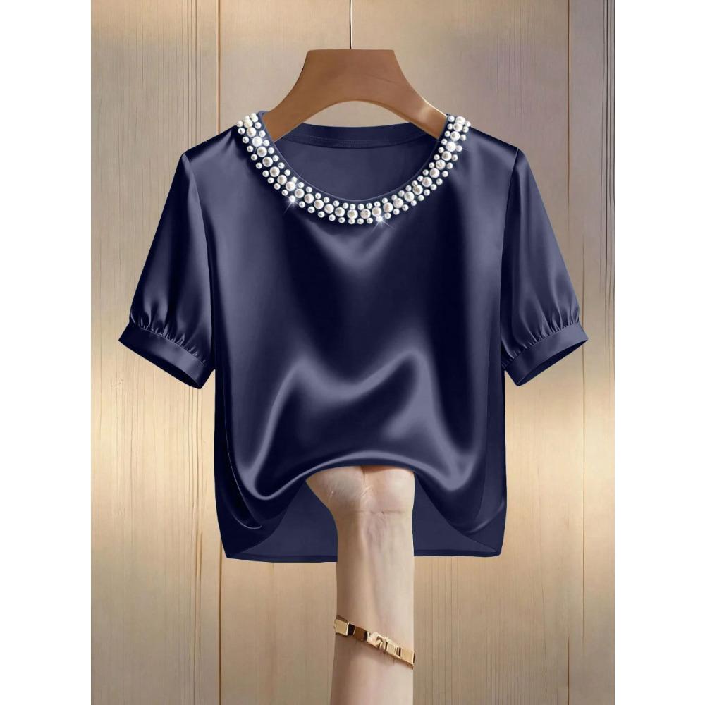 Damen Rundhals Perlenbestickt Puff Kurzarm Einfarbig Satin Lockerer Schnitt Elegant Büro Freizeit Bluse Top