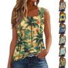 Women's Summer Casual Pleated Square Neck Sleeveless Tank Top Printed T-Shirt