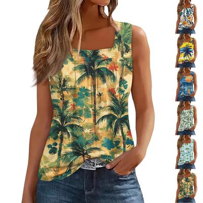 Women's Summer Casual Pleated Square Neck Sleeveless Tank Top Printed T-Shirt