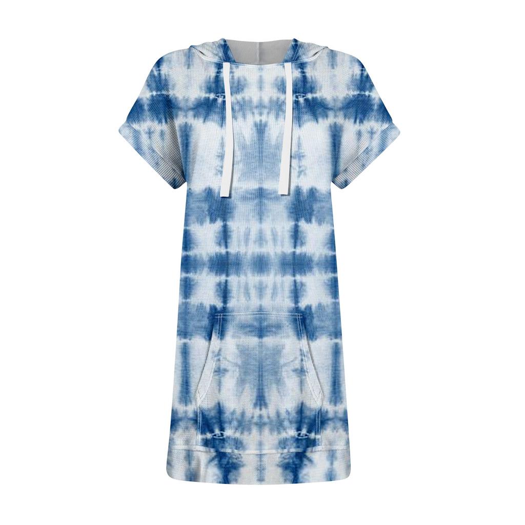 Women's Loose Shirts Printed Short Sleeve Drawstring Hoodies Knit Side Slit Tunic Hooded Tops With Pocket