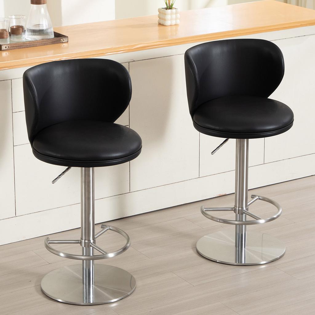 Black Titanium Stainless Steel Bar Stools,Grade Modern Leather Bar Chair with Backrest,Swivel Adjustable Height for Kitchen Counter and Dining Room