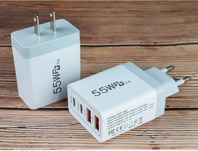 55W GaN USB Charger Fast Charging EU/US/UK/AU Plug Phone Charge Adapter For iPhone Xiaomi Samsung QC 3.0 Type C PD Wall Charger
