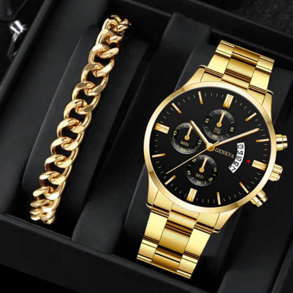 

Business Men s Watch Calendar Watch Men s Steel Belt Watch Business Bracelet Set Watch large price.