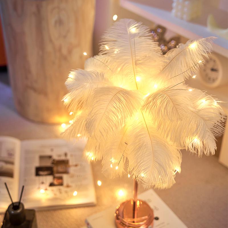 Ostrich Feather Table Lamp for Bedroom, Living Room, or Café Decor