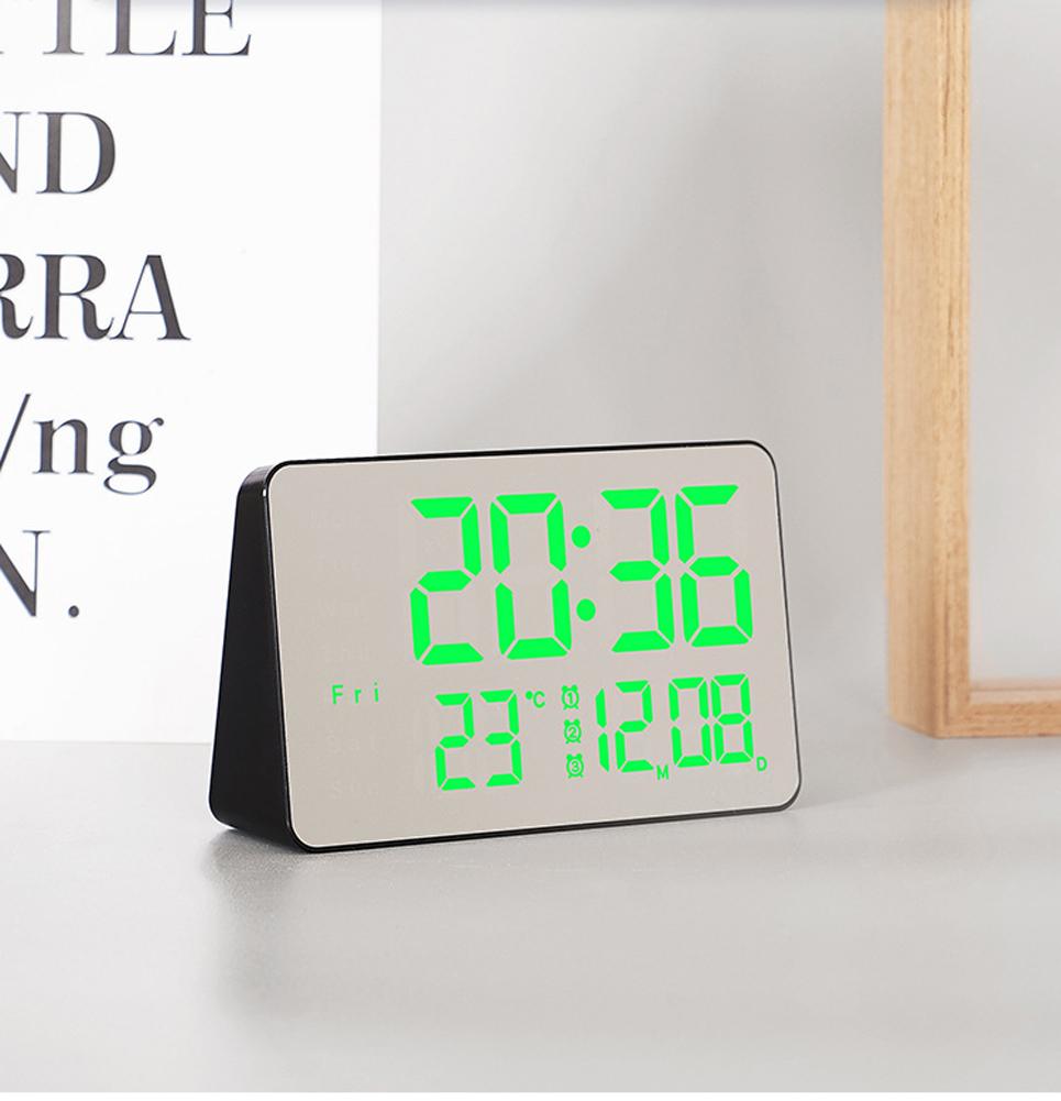 Led Digital Alarm Clock With Week Temperature Display 3 Levels Adjustable Brightness Bedside Clocks With Memory Function black green light#0