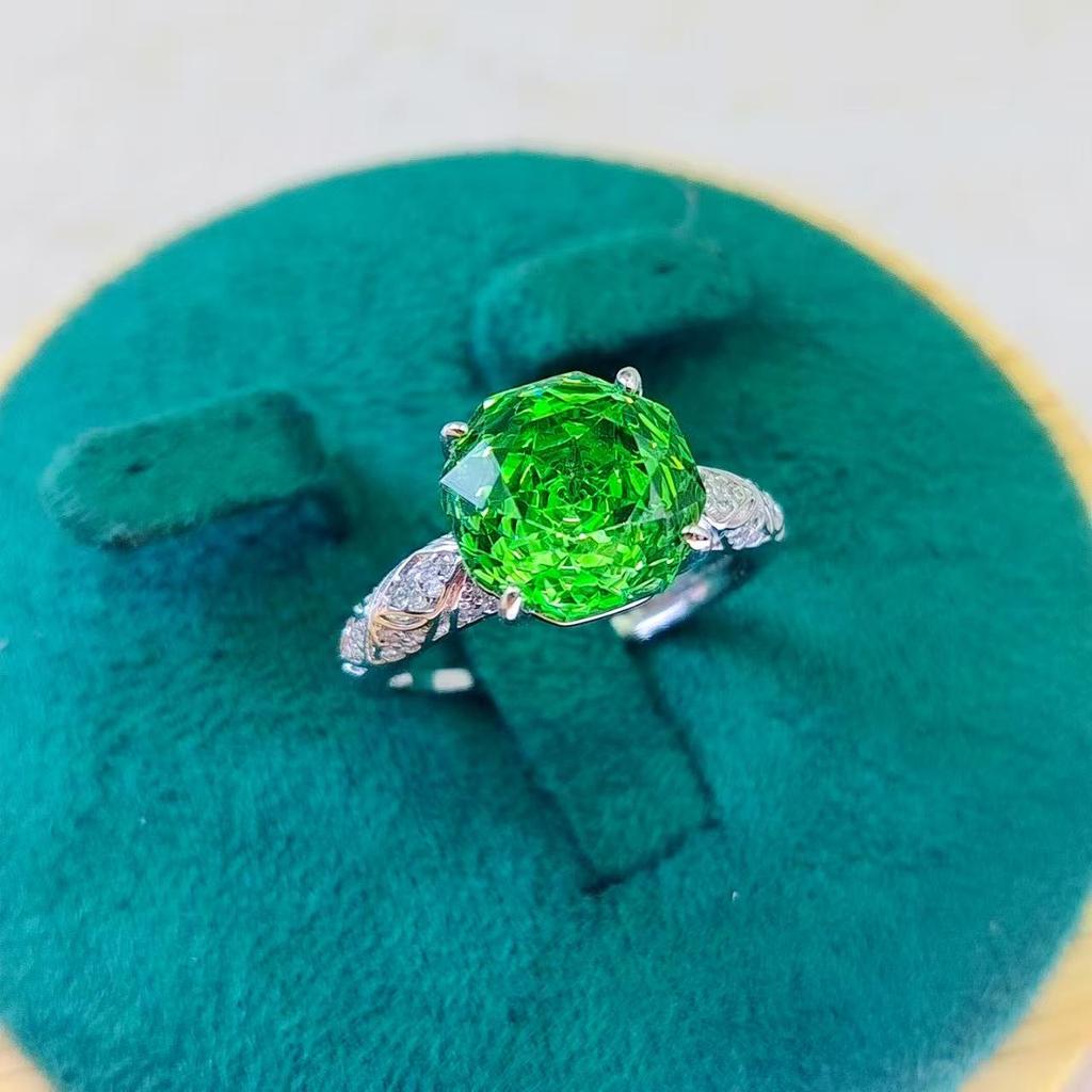 European Style Octagonal Rose Cut High Carbon Diamond & Emerald Women's Ring