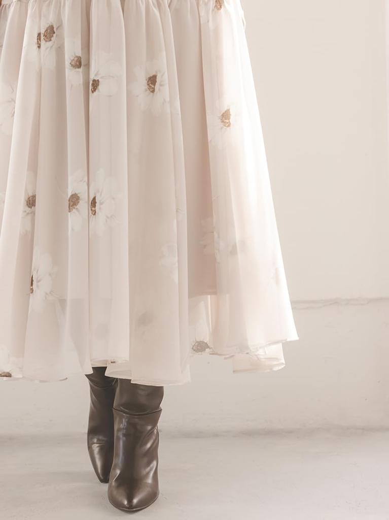 Flower Print Shoulder Ribbon Dress SWFO254330 PBEG 1