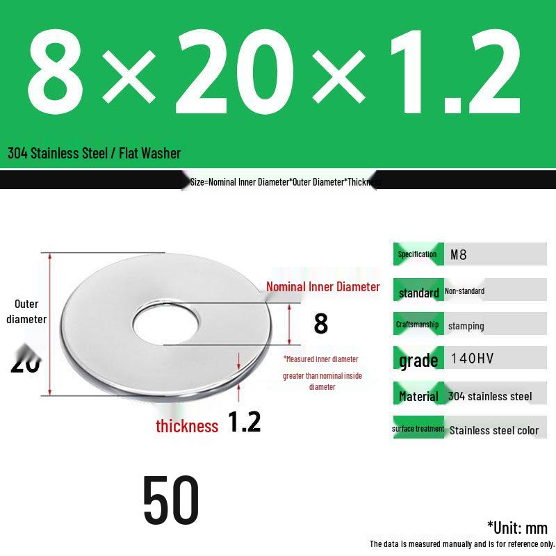 304 Stainless Steel Thickened Flat Washer Set, Sizes 2-36