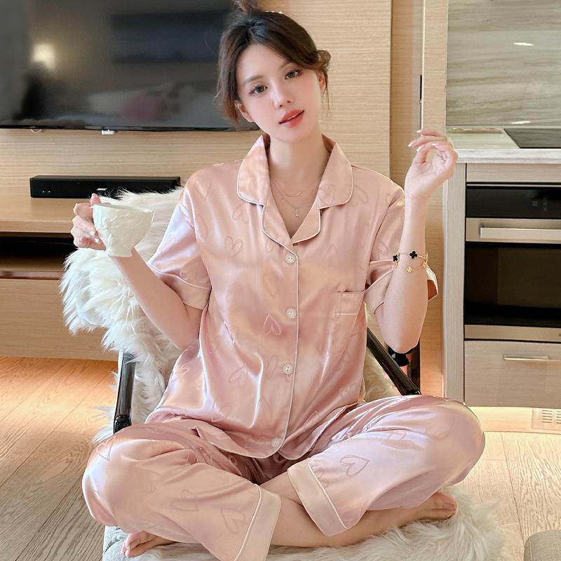 Temperament Simple Pink Love Printed Pajamas Spring And Summer Girl Home Leisure And Comfortable Suit