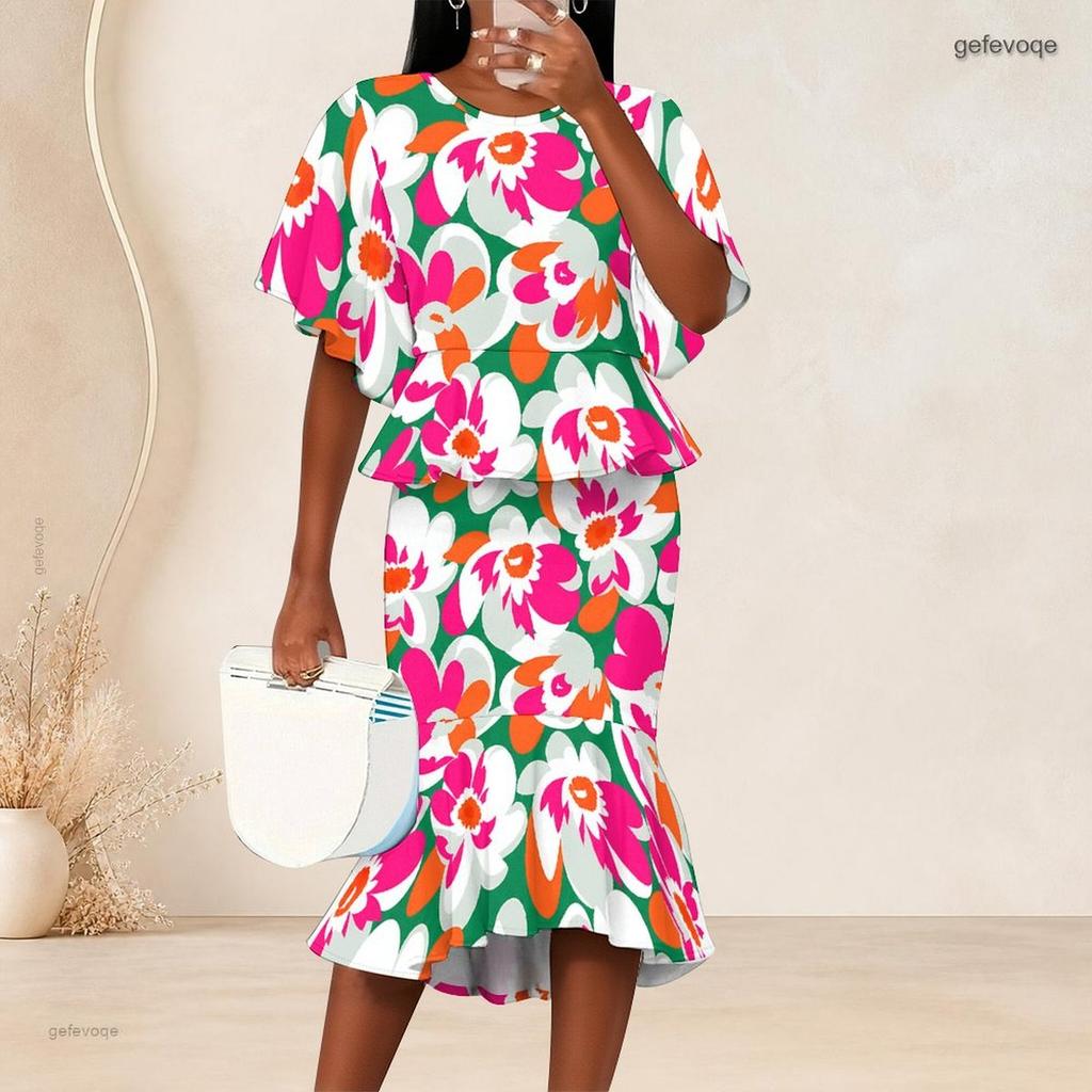 Women Plus Size Two Piece Skirt Set Round Neck Batwing Sleeve Floral Printed Ruffle Hem Top Fishtail Skirt