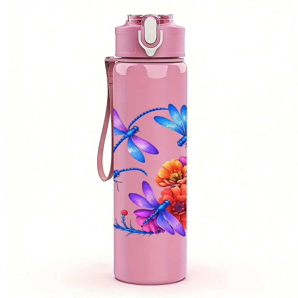 1PC Bright Wildflower Bouquet Print 750ml Color Plastic Sports Water Bottle Leakproof Flip Straw Lid Suitable for Sports Office Home Use