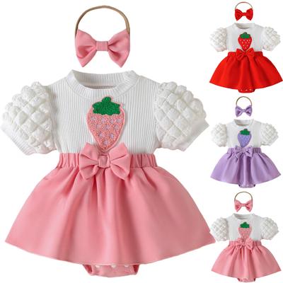 Baby Girls Strawberry Short Sleeve Romper Dress with Puff Sleeves and Bowknot Headband Infant One-Piece Outfit for Newborn Toddler