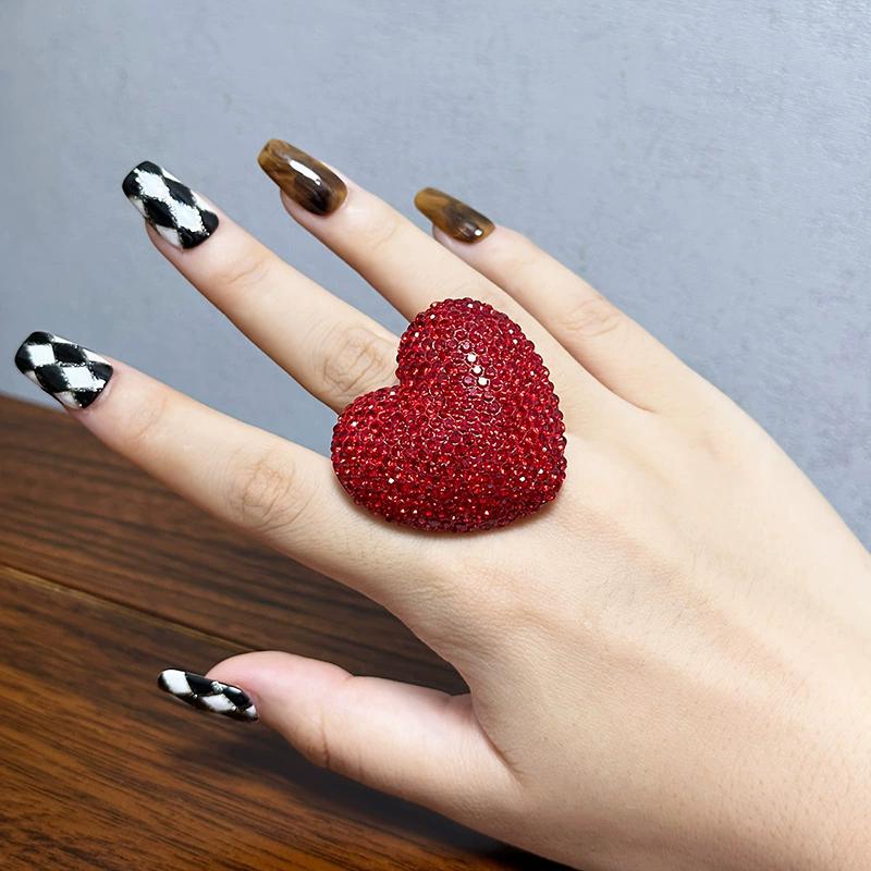 Three-Dimensional Large Heart Rhine Stone Ring Women's INS Style Diy Handmade Ring Fashionable And Trendy Jewelry Accessory