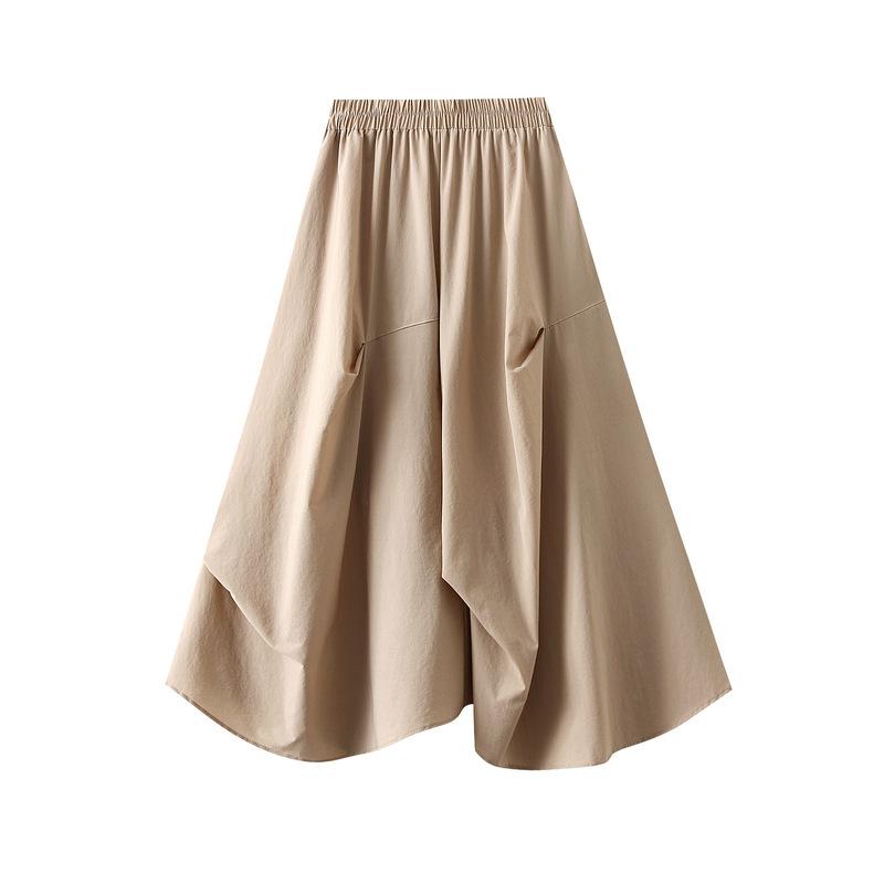Qooth Asymmetrical Pleated Midi Skirt with Pockets Elastic Waistband A-Line Skirt QT2767