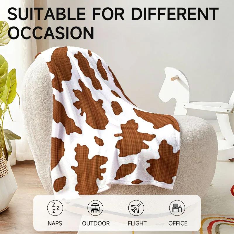 1 piece cow print brown and white flannel blanket, soft, suitable for sofa, bed, office, all-season use.