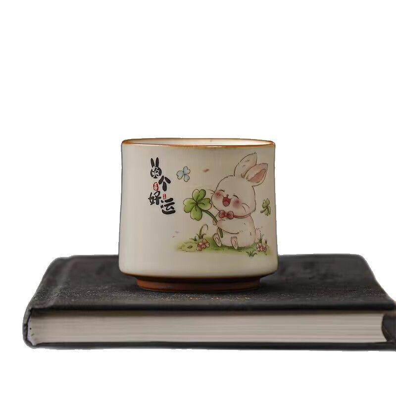 Cute Rabbit Good Luck Teacup Beige Ru Kiln Master Cup Kung Fu Tea Set Tea Cup Personal Tea Bowl Ceramic Tea Cup