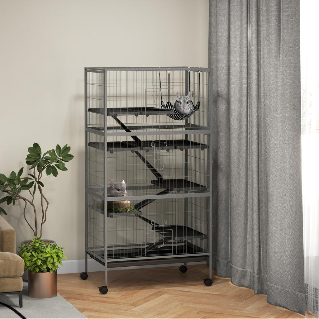 Multifunctional rodent cage with 4 platforms, 3 ramps, and 4 doors. Dimensions: 80L x 52W x 159H cm. Silver-grey/black steel.