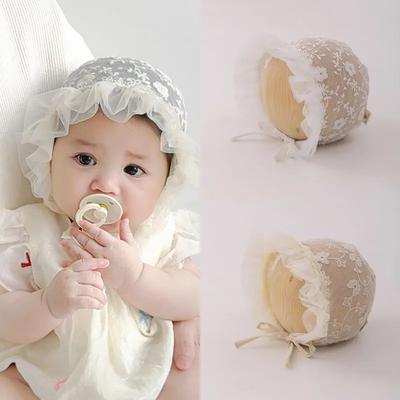 Korean Princess Beanie for Baby Girl Mesh Gauze Embroidery Floral Ruffle Newborn Photography Props Infanr Hat