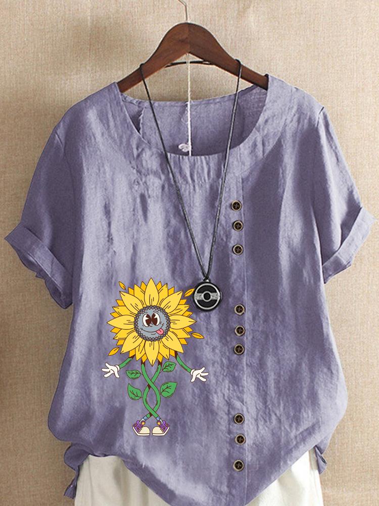 Women's Fashion Abstract Sunflower Print Casual Cotton Linen Short Sleeve Round Neck T-shirt Shirt Leisure Loose Summer Blouse Tops