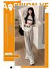 Women's Black and White Striped Terry Pants: High-Waist, Loose, Wide-Leg, Casual Fleece, Spring/Autumn 2025.