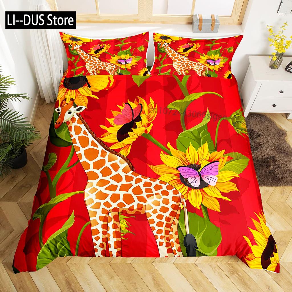 Cute Giraffe Bedding Set Full Size 3pcs with 1 Duvet Cover 2 Pillowcases Animal Bedding Set for Kids Boys Girls Room Decoration