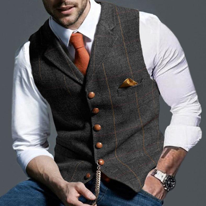 Mens Suit Vest Notched Plaid Wool Herringbone Tweed Waistcoat Casual Formal Business Groomman For Wedding