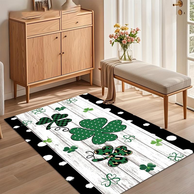 Playful Shamrock Pattern Area Rug Clover with Leopard Plaid Accents White Wood Background Floor Mat for Entryway Home Decor