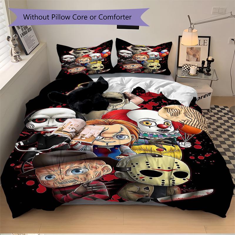 3pcs Horror Icons Printed Quilt Set - Includes 1 Quilt Cover and 2 Pillowcases, Machine Washable - Suitable for All Seasons.C054