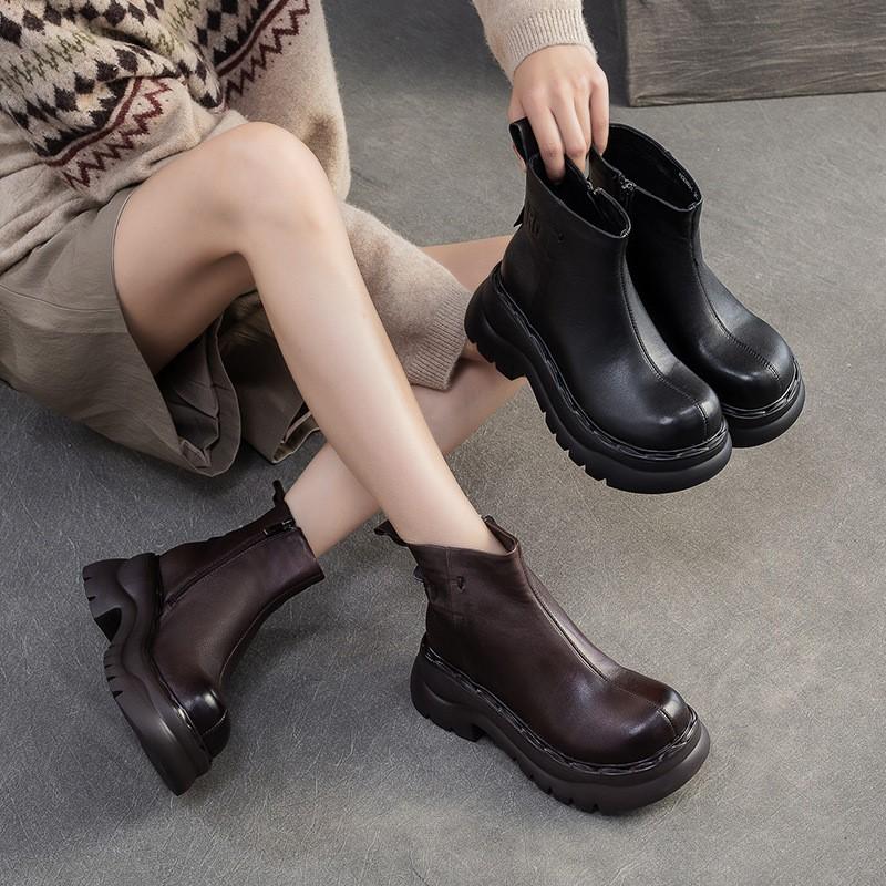 Johnature Genuine Leather Thick Soled Ankle Boots Retro Round Toe Thick Heeled Women's Short Boots