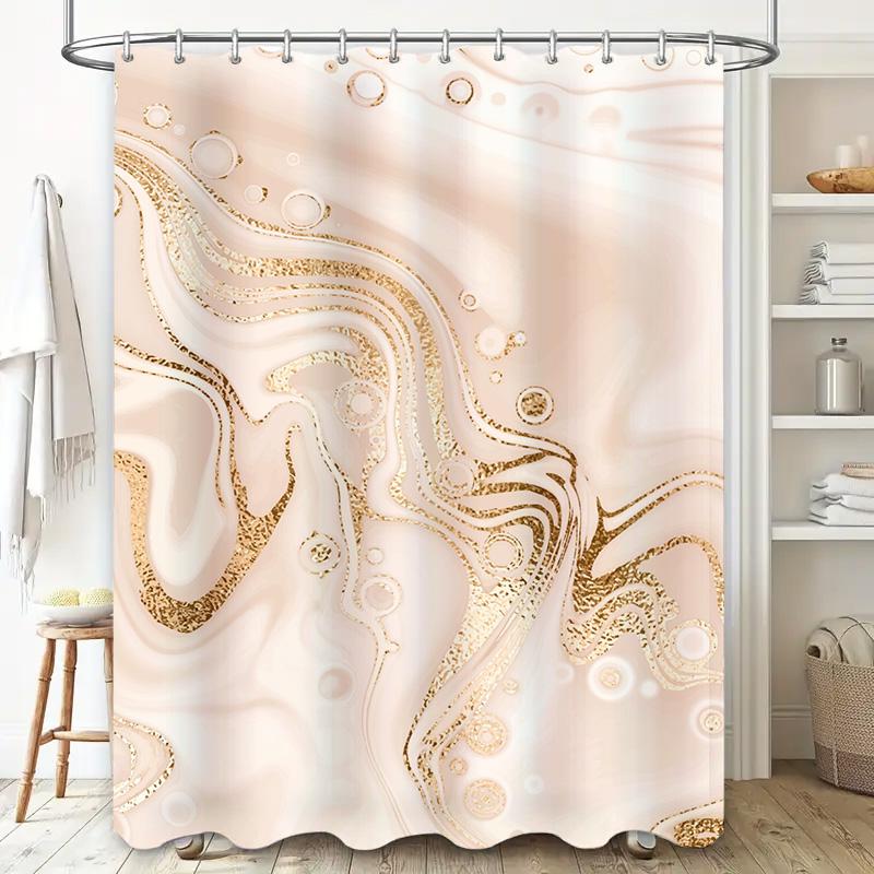 Luxuriöser goldener Wirbel Duschvorhang Modernes Badezimmerdekor Für Badewanne Wasserdichtes Gewebe Mit Stangenfach (Beige Weiß)