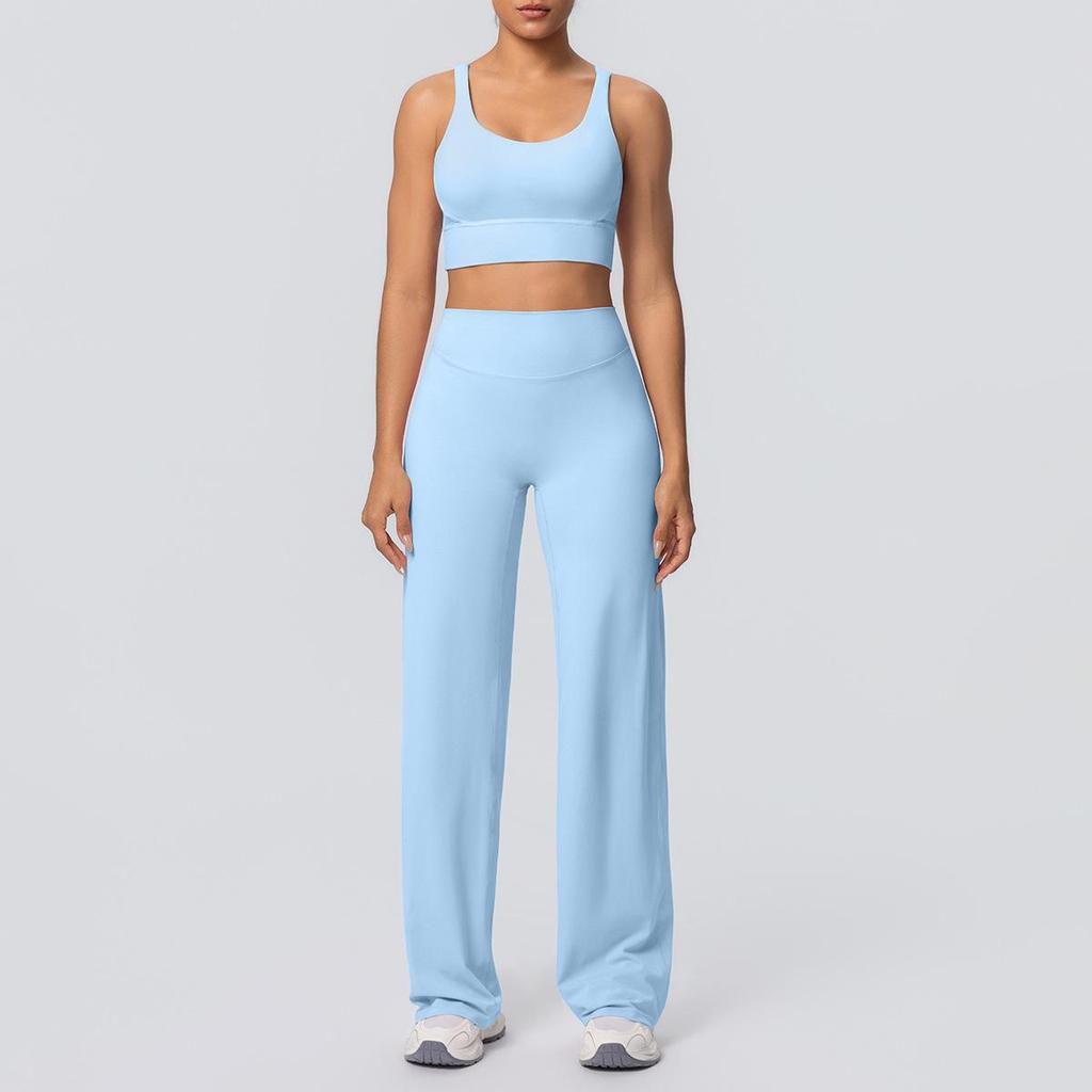 Shockproof Cross Back Running Bra & High Waist Wide Leg Yoga Pants