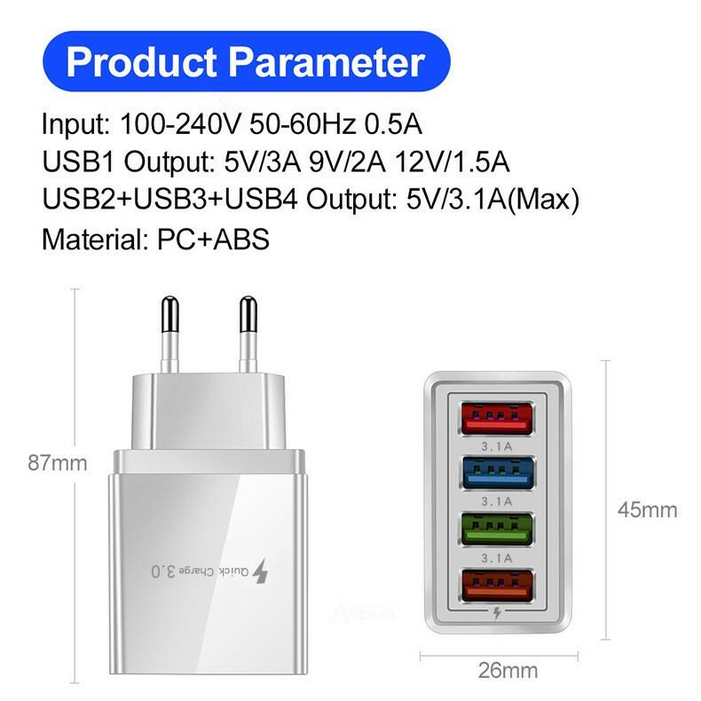 Fast Charging USB Multi-Port Power Adapter, 4-Port Wall Charger for Smartphones and Tablets with Quick Charge 3.0