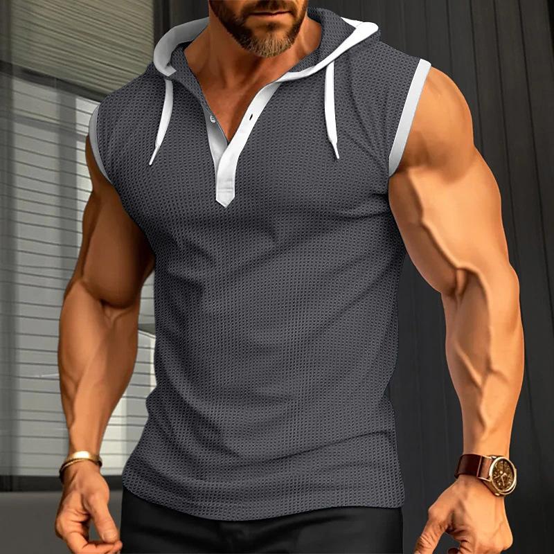Henley Canotte da Uomo Tinta Unita Senza Maniche da Allenamento con Cappuccio Camicia Estiva con Scollo a V Abbottonata T-shirt da Ginnastica con Cappuccio Attive per Uomo T-shirt Senza Maniche in Maglia Waffle