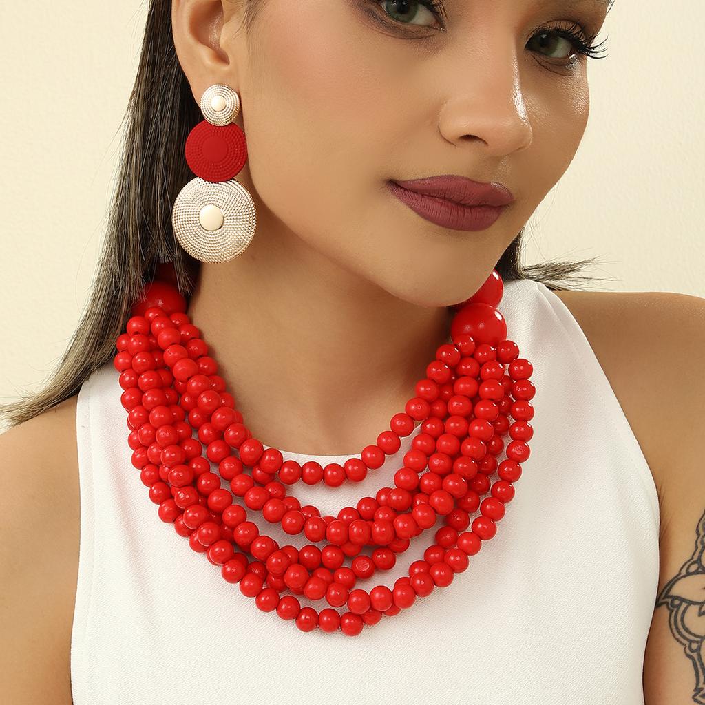 African Zircon Set Ethnic Style Multi-layer Handmade Wooden Beads Beaded Statement Necklace Earrings Women Party Accessories