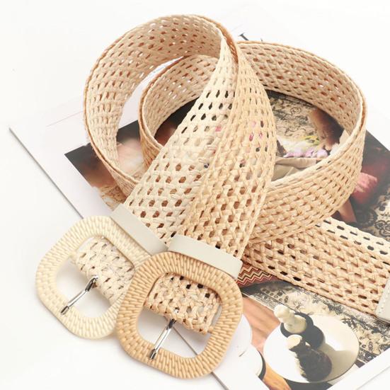 Straw Woven Belt with Oval Square Buckle Hollow Design Decorative Jeans Belt Breathable Weave Adjustable Shirt Waistband