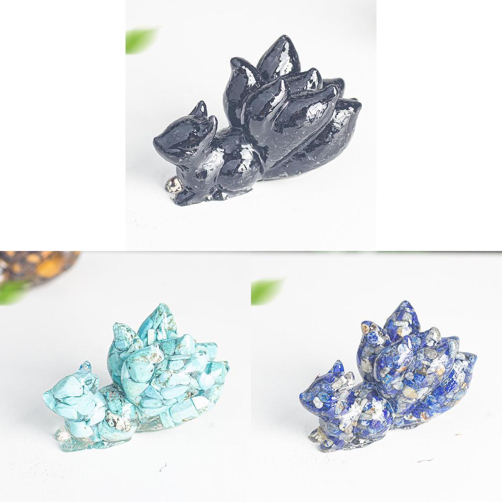 Ninetails Fox Crystal Resin Sculpture With Natural Gemstones For House Office Tabletop Ornament