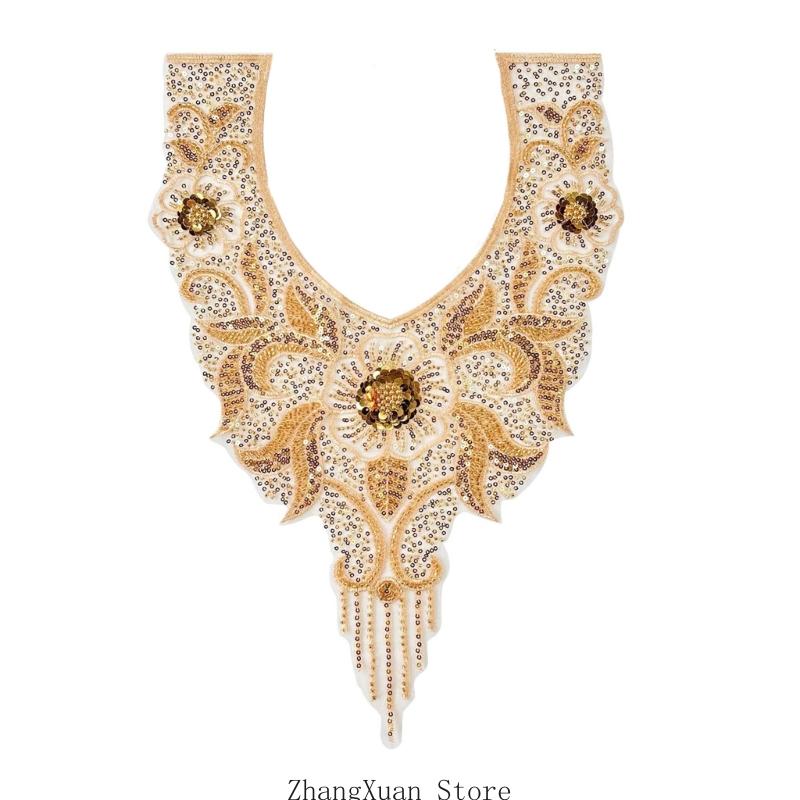 Aplikacja z haftowanych koralików na suknię ślubną, suknię wieczorową, naszywki do przyszycia na kołnierz, koralikowe cekiny, naszywki do przyszycia, aplikacja