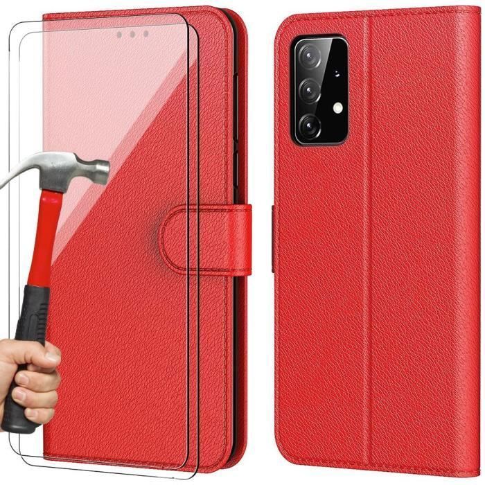 Coque pour Samsung Galaxy A23 5G + 2 Verres Trempés - BOOLING - Effet Cuir Antichoc Intégral Rouge
