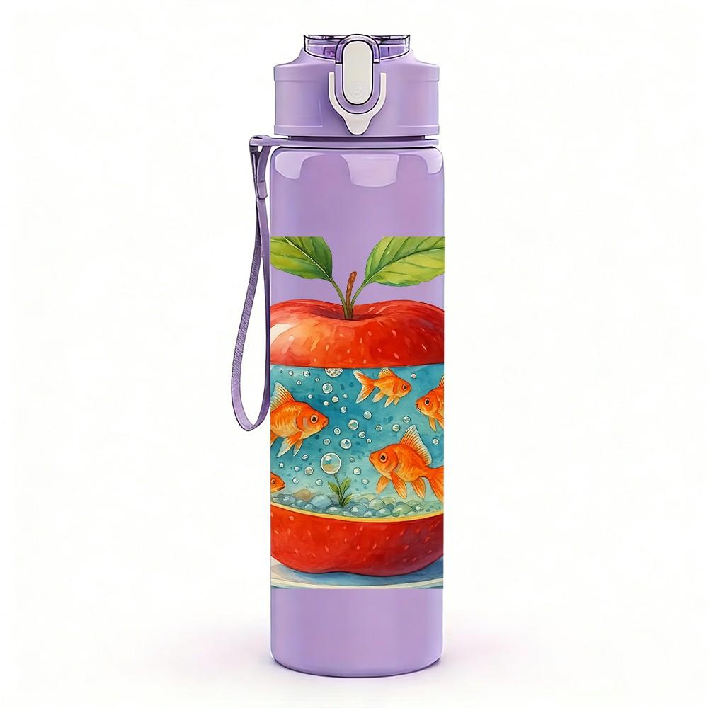 1PC Earth Pattern Apple Fruit Print 750ml Color Plastic Sports Water Bottle Leakproof Flip Straw Lid Suitable for Sports Office Home Use