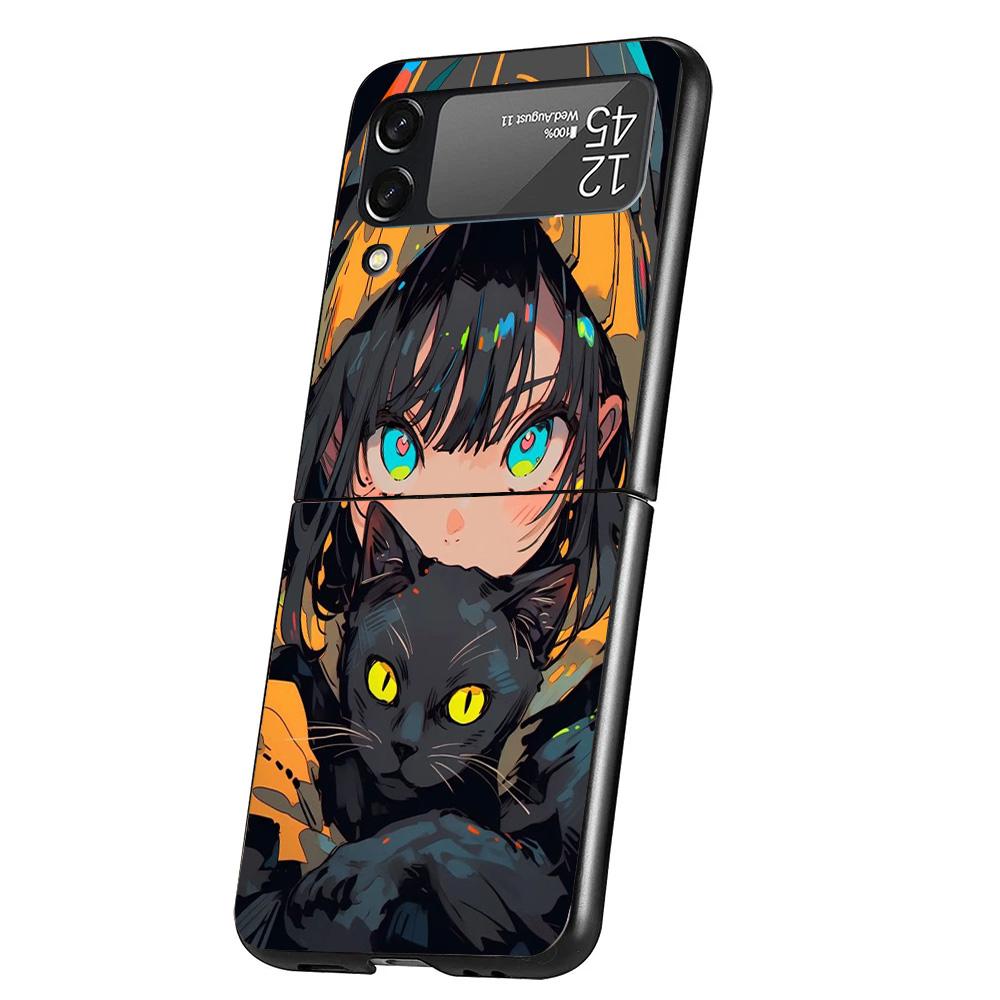 Anime Girls Cute Black Cat Cover Phone Case For Samsung Galaxy Z Flip 7 6 5 4 3 5G Flip7 Flip6 Flip5 Flip4 Flip3 Black Fundas Sh