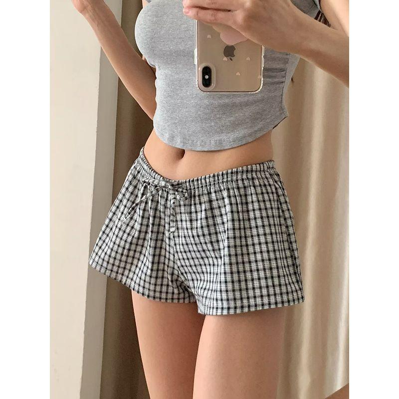 BM Sense Elastic Waist Retro Drawstring Plaid Shorts Women Summer Sexy Hot Pants Ins Style Casual Home Pants Leggings