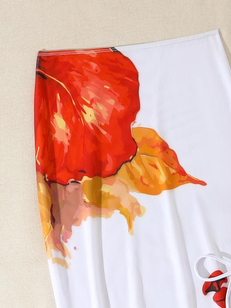 2026 European & American Women's Printed Long Skirt Split Bikini Three-Piece Swimsuit