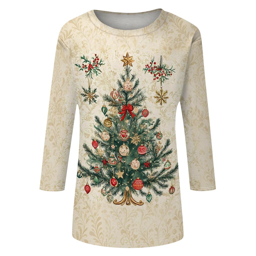 Top casual da donna con stampa natalizia e maniche a tre quarti