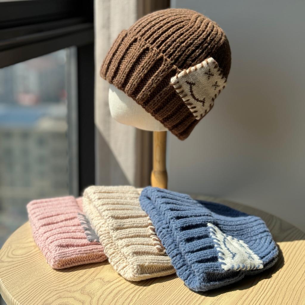 Smiley Face Patch Woolen Hat for Men and Women In Autumn and Winter Warm and Versatile   Small Knitted Hat with Face Ear Protection Cold Hat