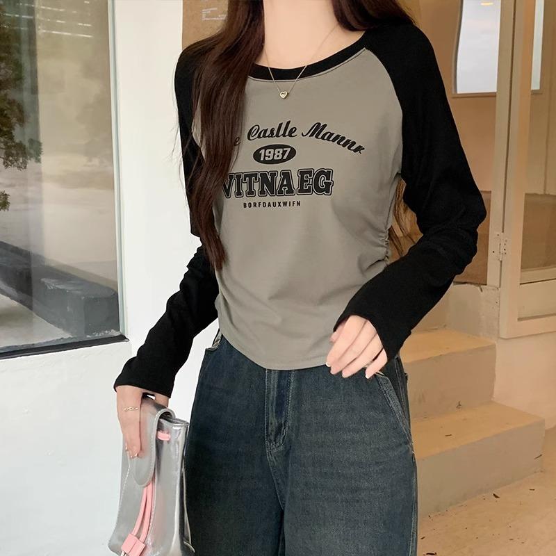 American retro contrast color round neck high waist printed long-sleeved T-shirt for women early autumn drawstring waist short bottoming shirt top