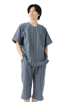 Jinbei Henley Neck High Quality Day Pajamas Made In Japan Shijira Buttons Stylish Kurume Weave BOTAN M Blue Stripes [TAYU-TAFU] Men's Father's
