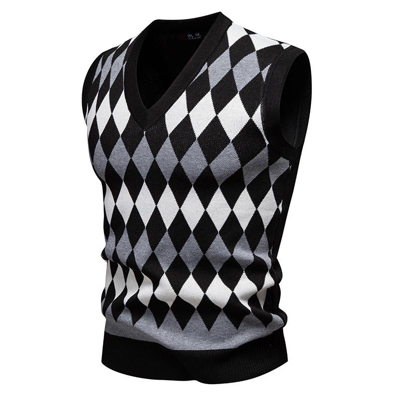 Men's Trendy V-Neck Plaid Color Block Knit Vest - Autumn/Winter Casual Warm Layer
