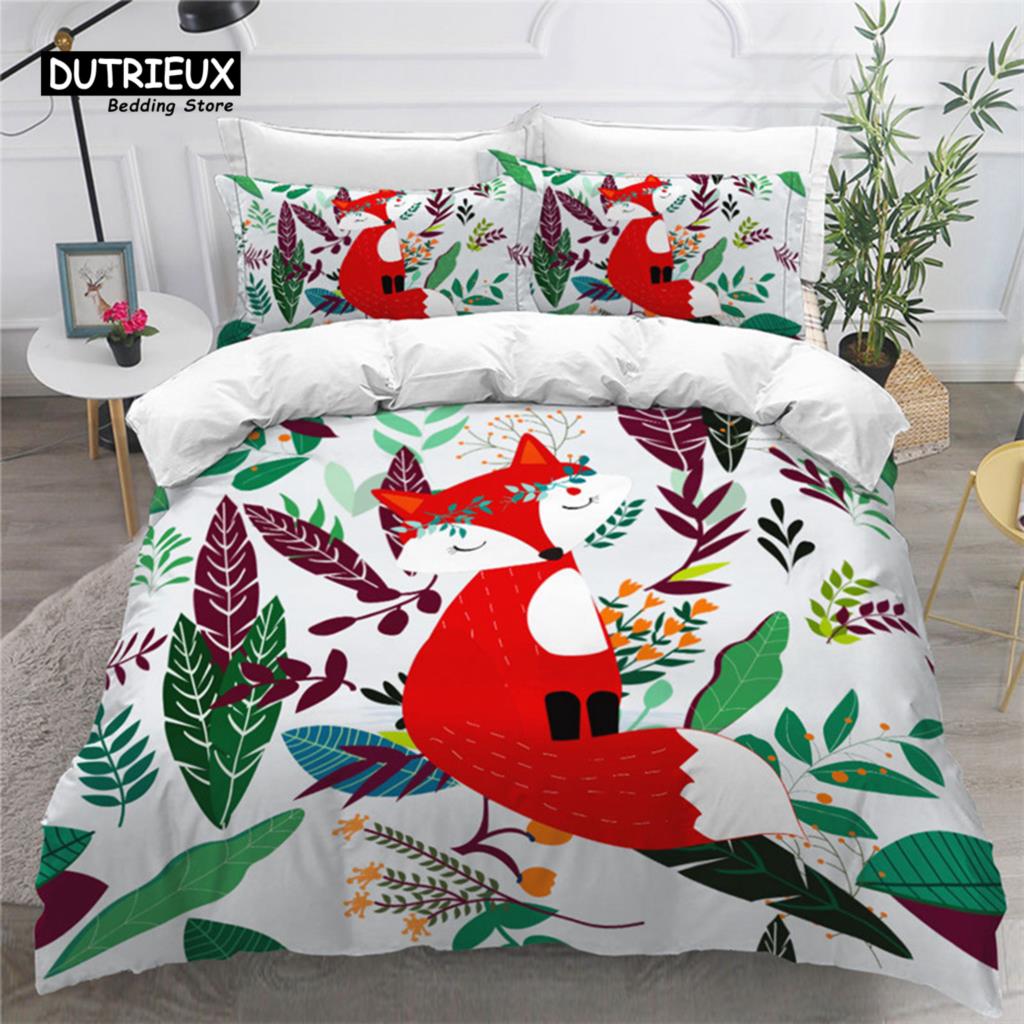 Kids Cartoon Fox Duvet Cover Microfiber Bedding Set Lovely Animal Theme Comforter Cover King For Kids Adults Girls Bedroom Decor